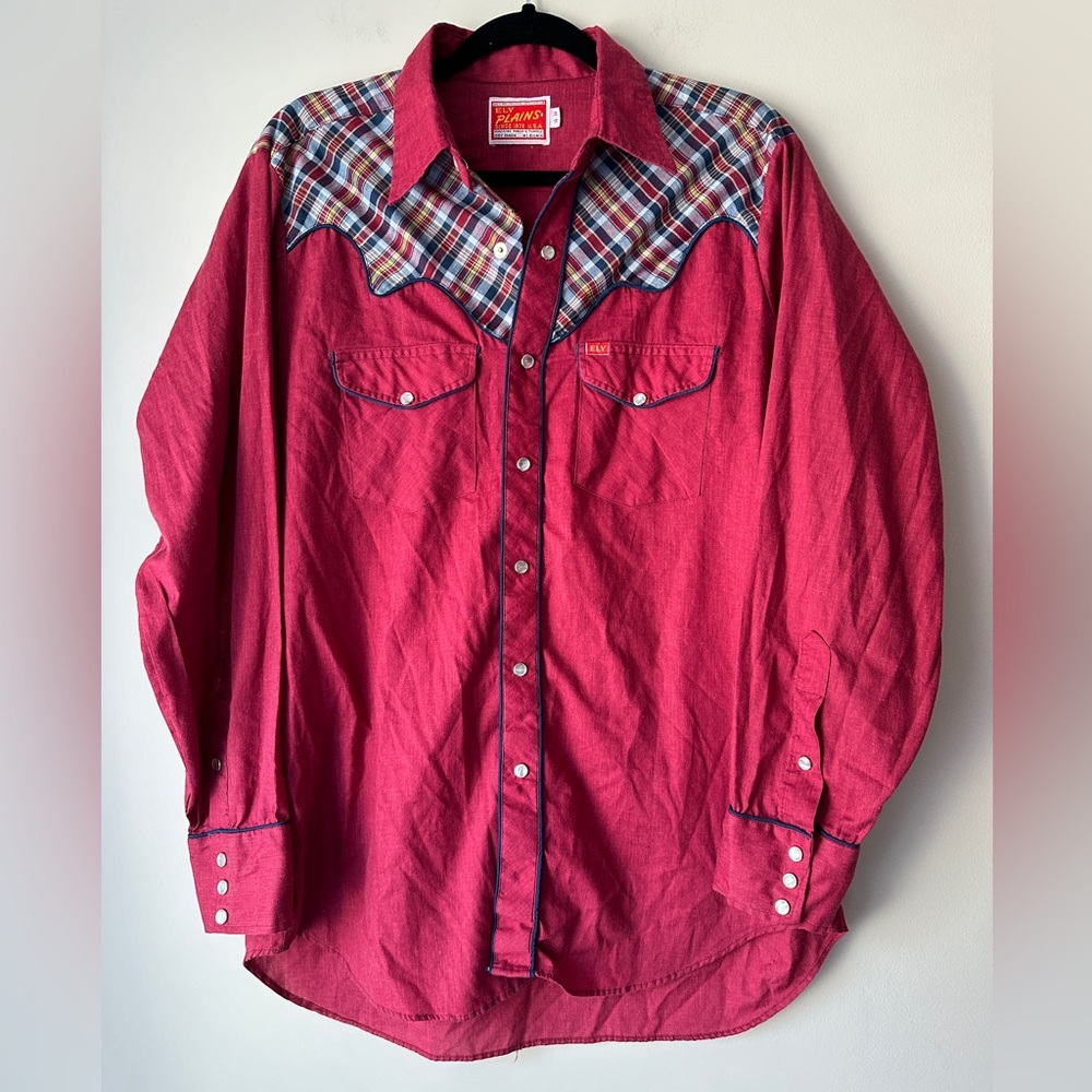 Vintage Ely Plains Pearl Snap Brick Red and Plaid Western Shirt size‎ 16-34